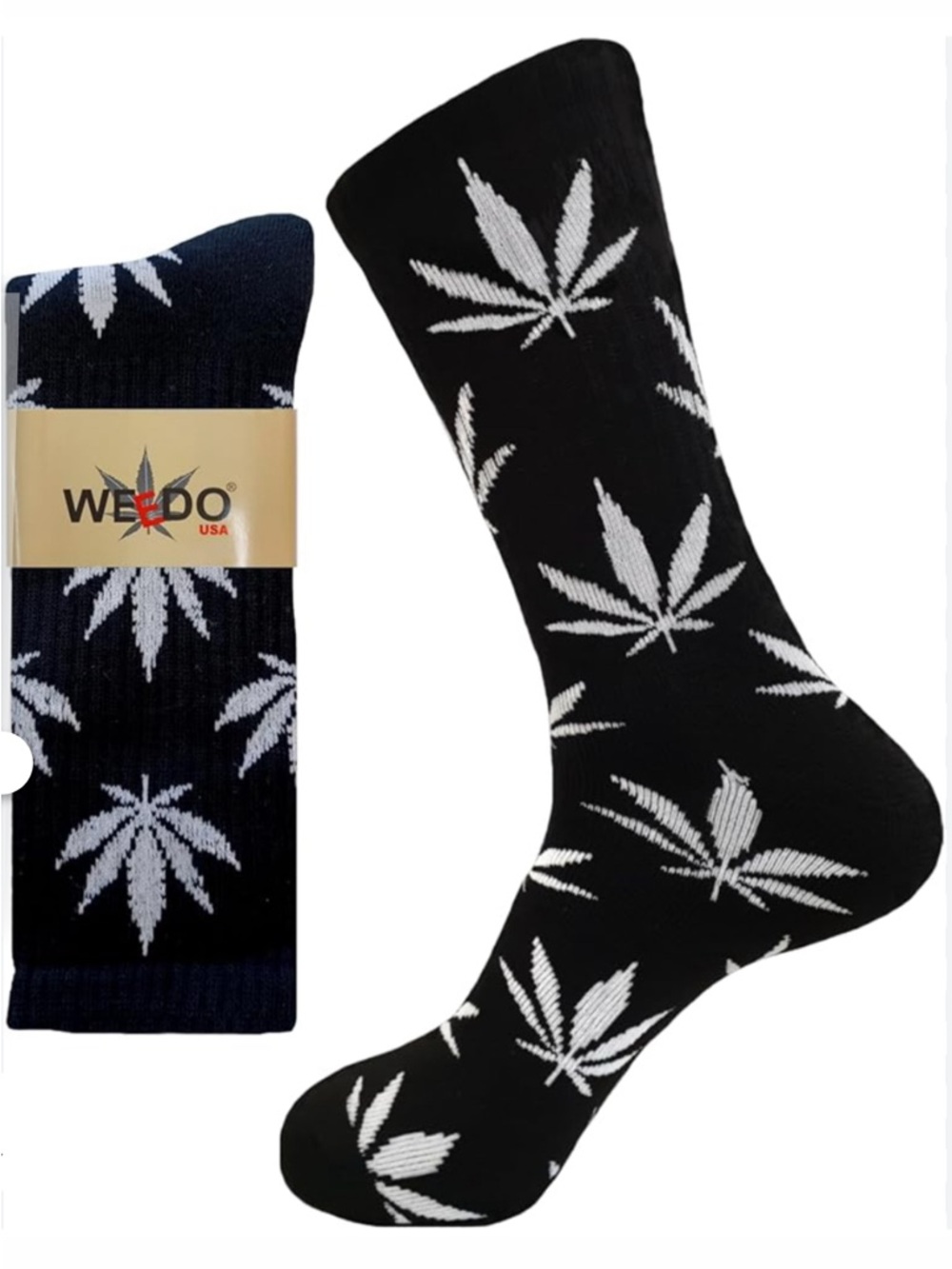 Weedo USA Black Crew Socks with Gray Weed Pattern - Men